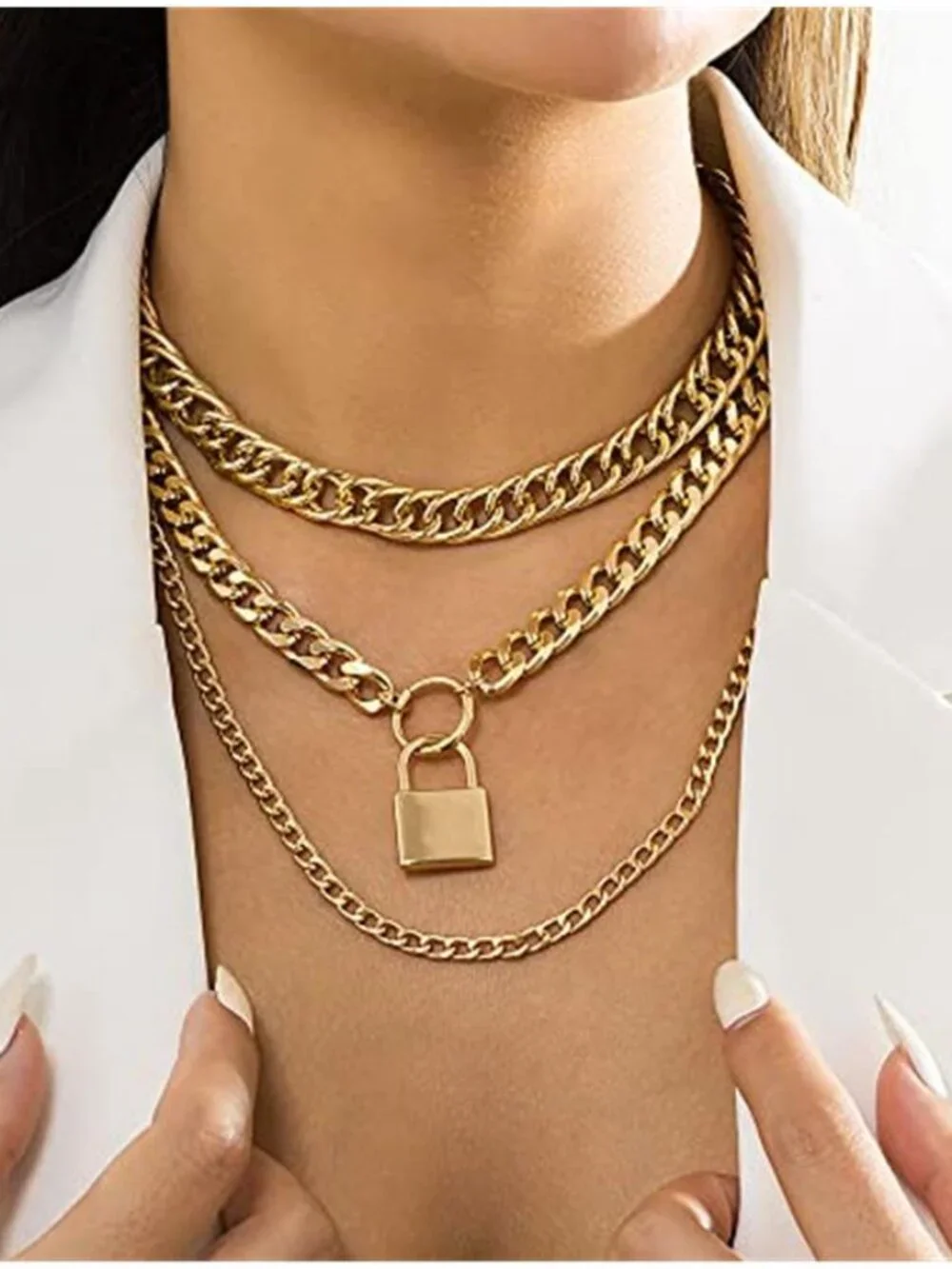 3PC Chunky Cuban Link Necklace Set Punk Layered Chain Choker for Women